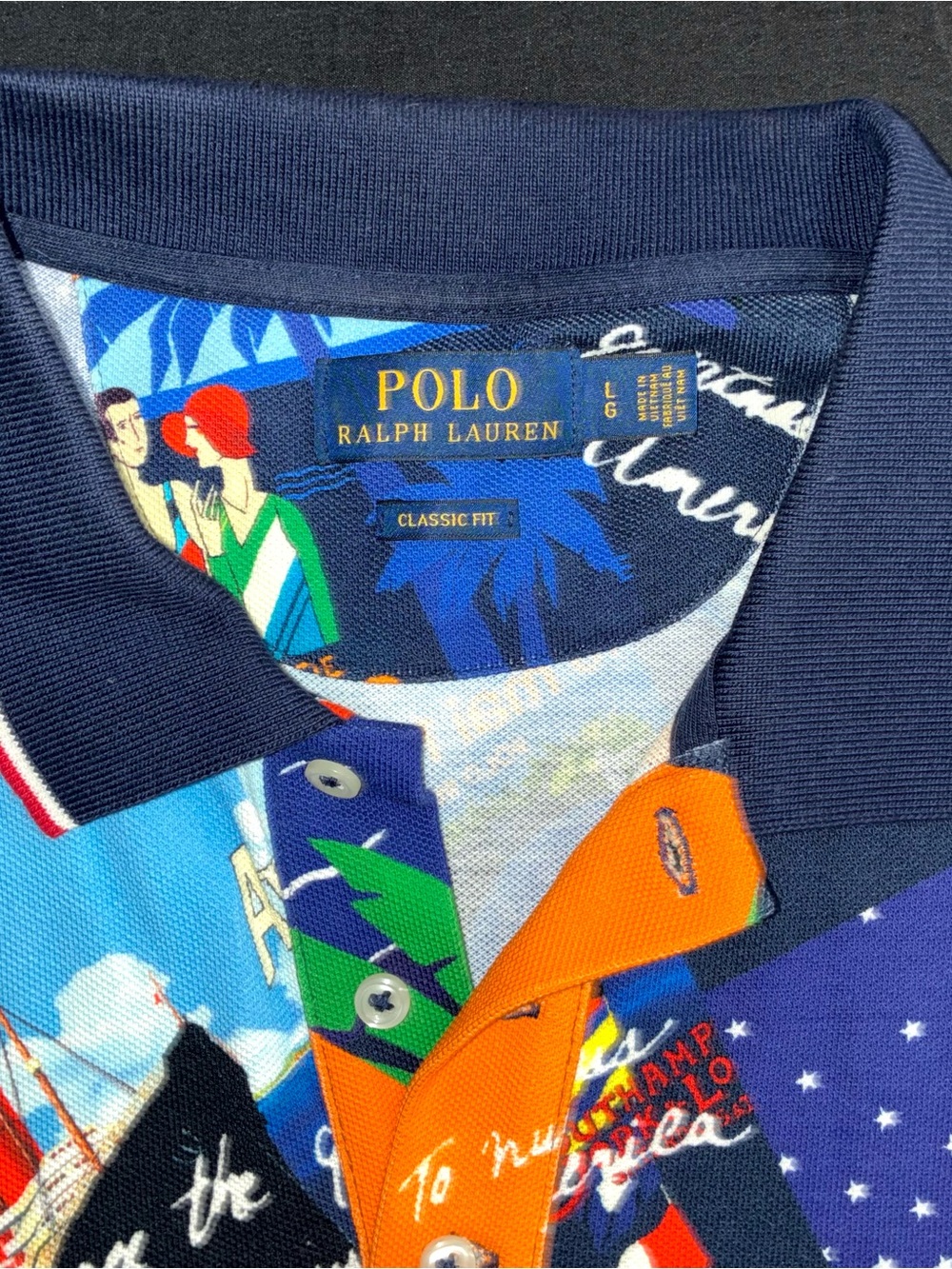 Polo by Ralph Lauren Navy Multicolor Graphic Polo Shirt -Classic Fit- Large - Picture 3 of 6